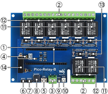 Компоненты платы Waveshare Pico-Relay-B