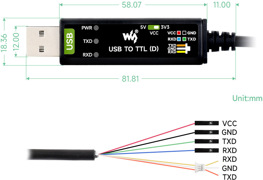 Габаритные размеры и распиновка кабеля USB TO TTL (D)