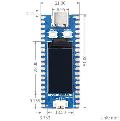 Габаритные размеры RP2040-LCD-0.96
