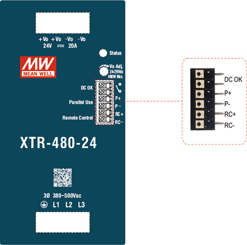 Размещение контактов дополнительных функций на блоке питания XTR-480